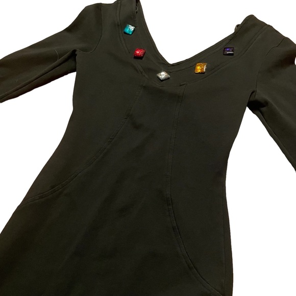 YES Clothing 80s Vintage Black Longsleeve Bodycon Faux crystal jeweled Neckline - Picture 7 of 10